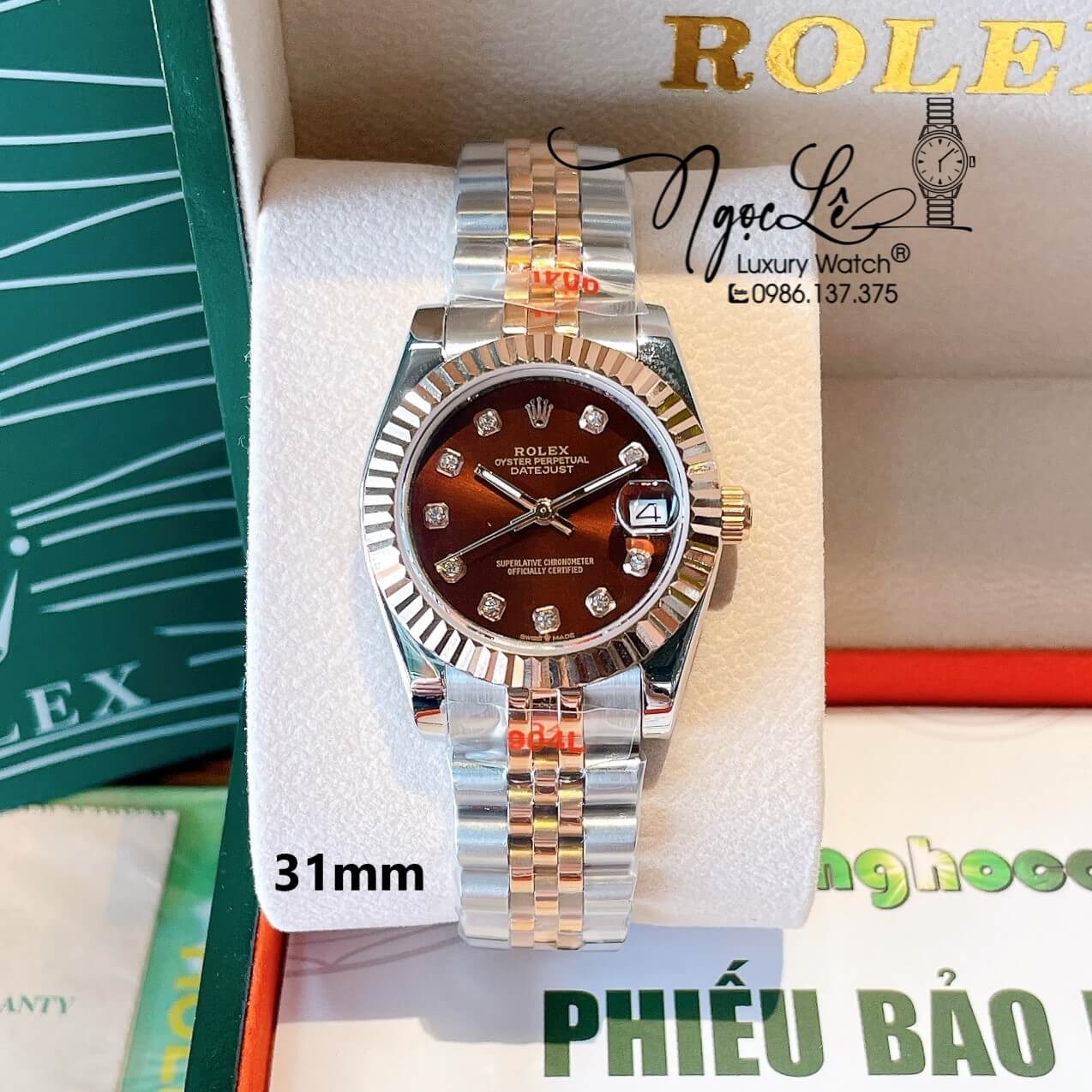 Đồng Hồ Nữ Rolex Datejust Quartz Dây Demi Vàng Hồng Mặt Nâu Size 31mm Kính Sapphire