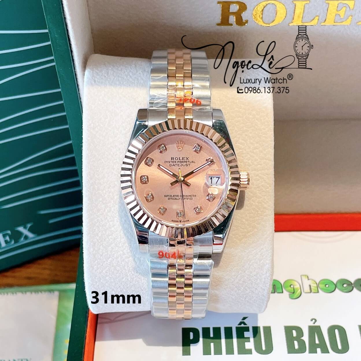 Đồng Hồ Nữ Rolex Datejust Quartz Dây Demi Vàng Hồng Size 31mm Sapphire