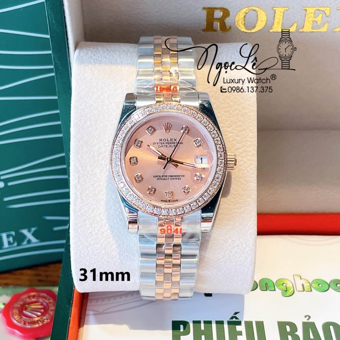 Đồng Hồ Nữ Rolex Datejust Quartz Dây Demi Vàng Hồng Size 31mm Đính Đá