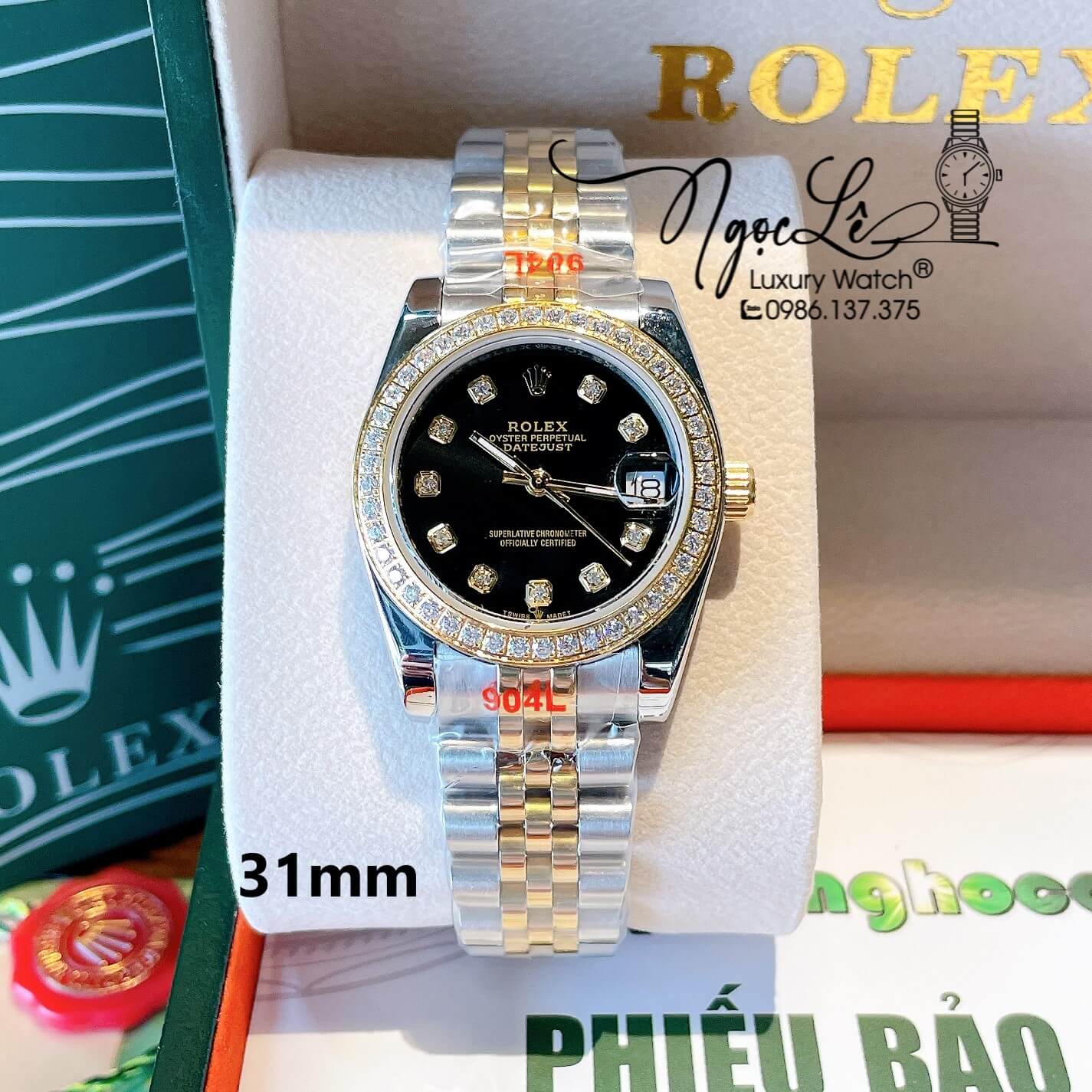 Đồng Hồ Nữ Rolex Datejust Quartz Dây Demi Vàng Mặt Đen Size 31mm Đính Đá