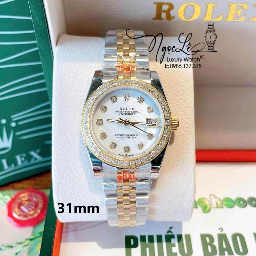 Đồng Hồ Nữ Rolex Datejust Quartz Dây Demi Vàng Mặt Trắng Xà Cừ Size 31mm Đính Đá