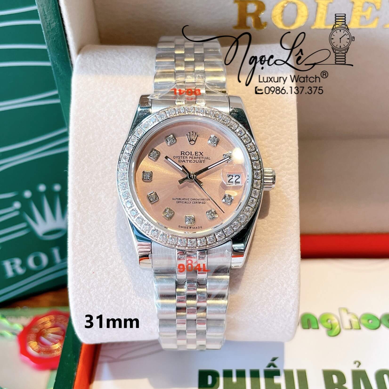 Đồng Hồ Nữ Rolex Datejust Quartz Dây Bạc Mặt Hồng Size 31mm Đính Đá