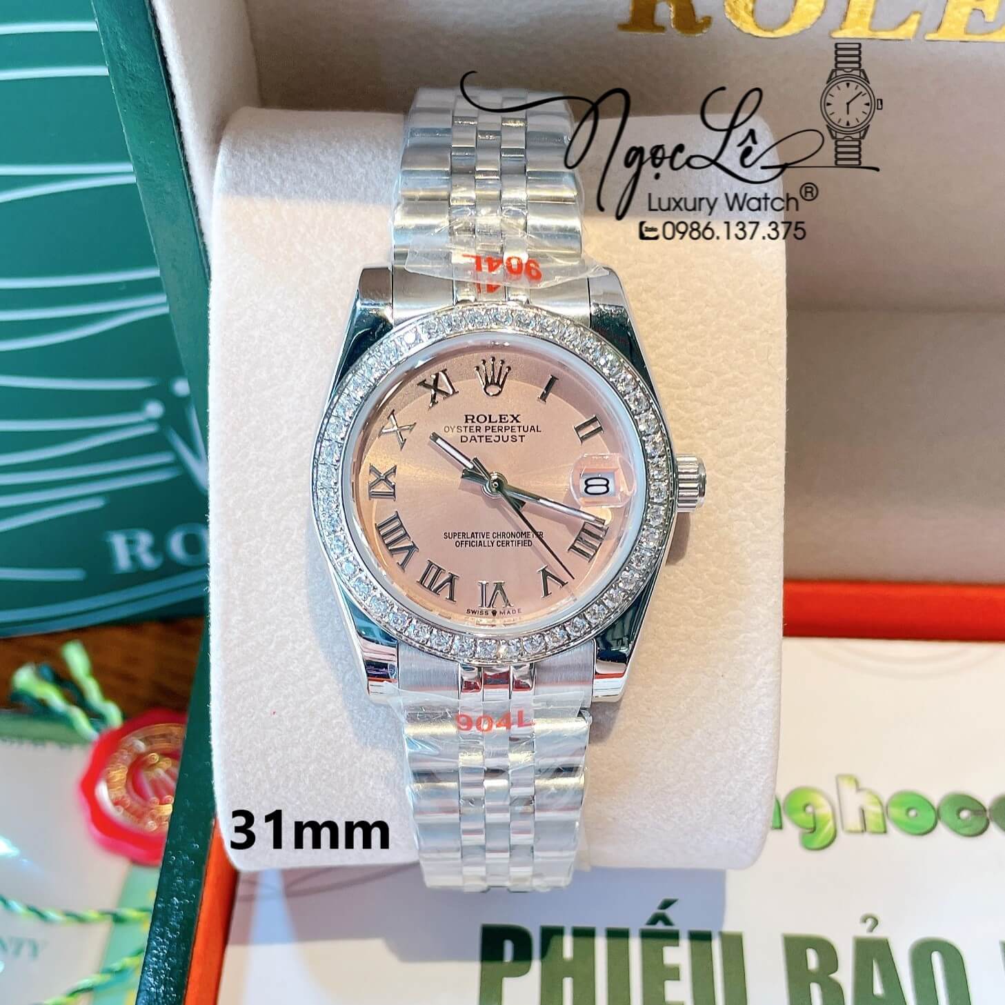 Đồng Hồ Nữ Rolex Datejust Quartz Dây Bạc Mặt Hồng Số La Mã Size 31mm Đính Đá