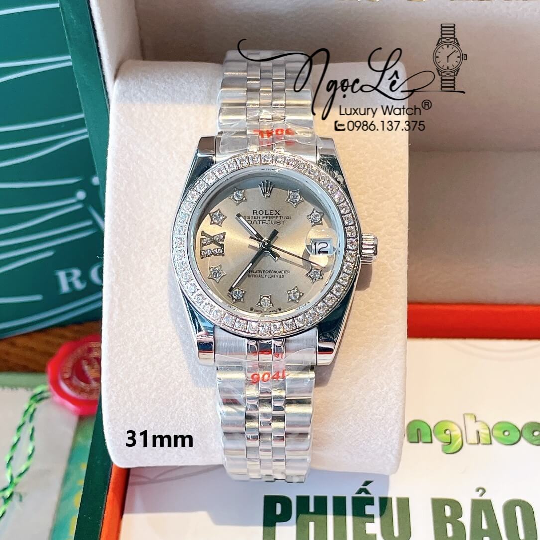 Đồng Hồ Nữ Rolex Datejust Quartz Dây Bạc Mặt Xám Grey Size 31mm Đính Đá