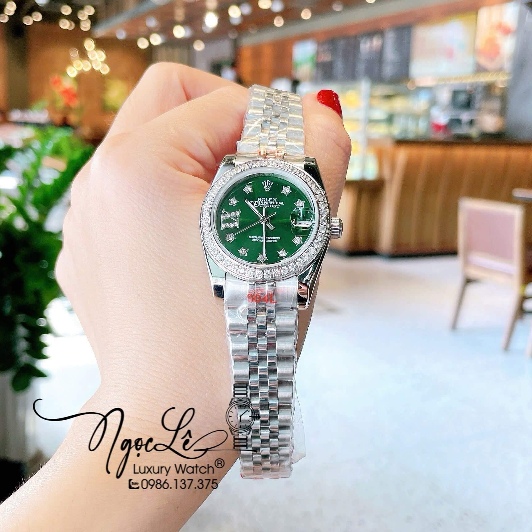 Đồng Hồ Nữ Rolex Datejust Quartz Dây Bạc Mặt Xanh Rêu Size 31mm Đính Đá