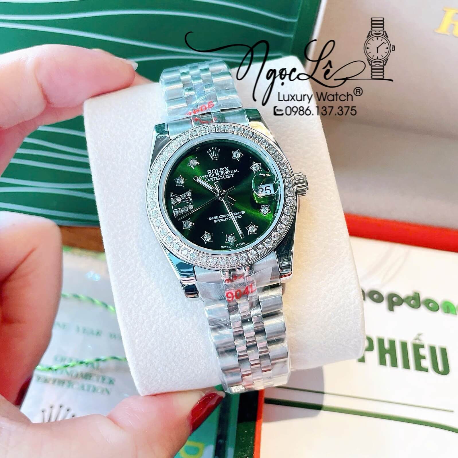 Đồng Hồ Nữ Rolex Datejust Quartz Dây Bạc Mặt Xanh Rêu Size 31mm Đính Đá