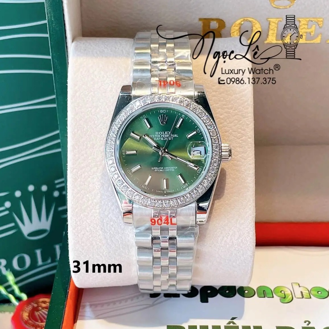 Đồng Hồ Nữ Rolex Datejust Quartz Dây Bạc Mặt Xanh Oliu Size 31mm Đính Đá