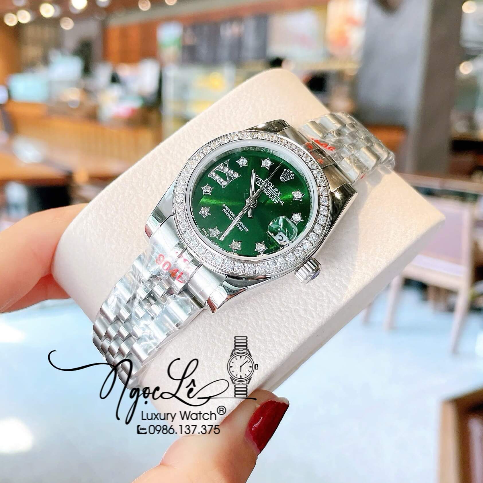 Đồng Hồ Nữ Rolex Datejust Quartz Dây Bạc Mặt Xanh Rêu Size 31mm Đính Đá