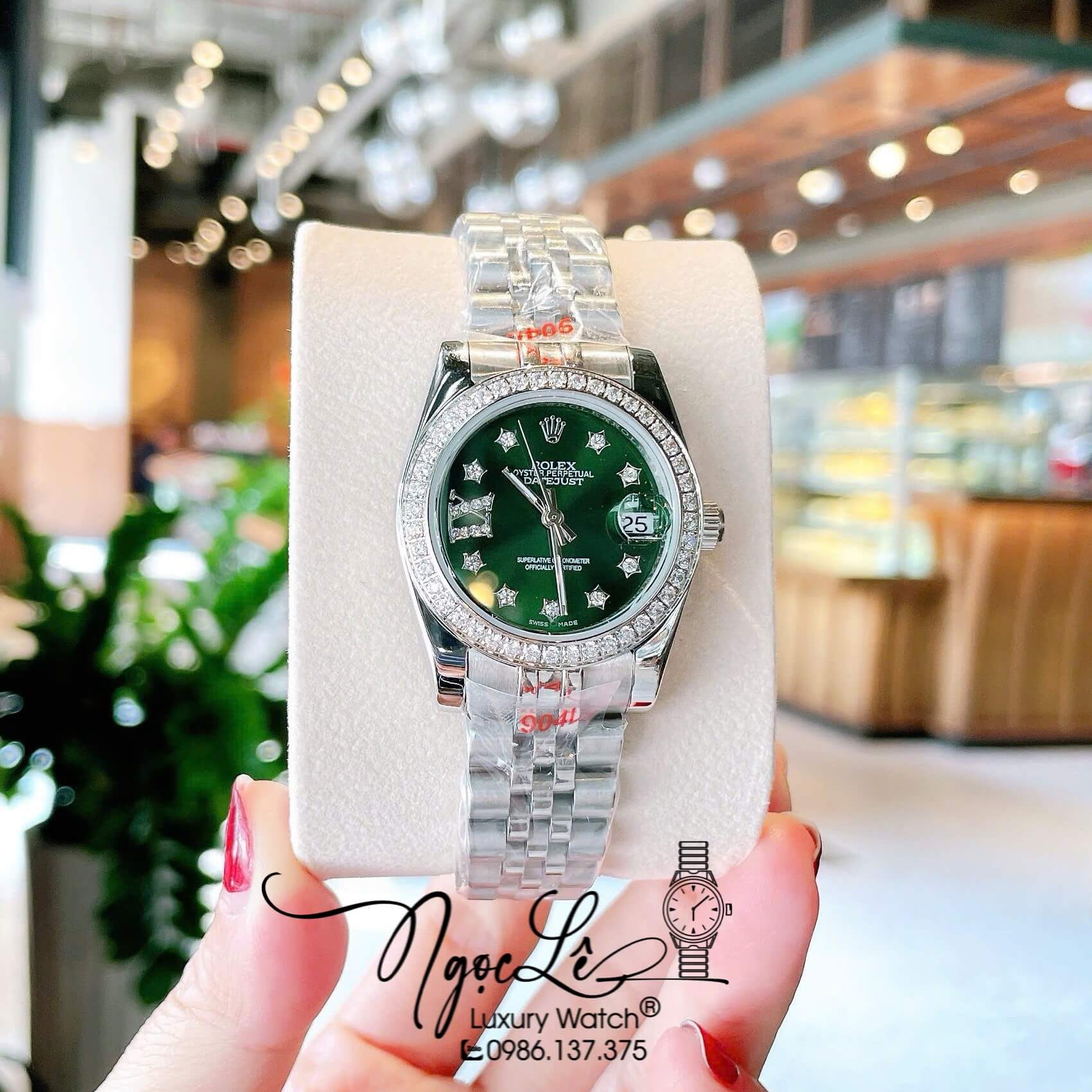 Đồng Hồ Nữ Rolex Datejust Quartz Dây Bạc Mặt Xanh Rêu Size 31mm Đính Đá