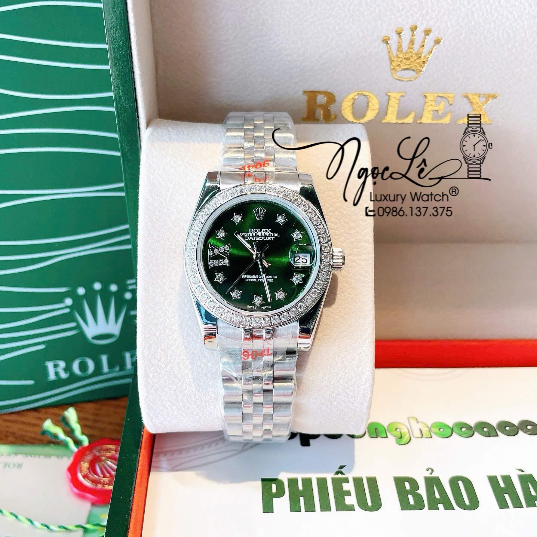 Đồng Hồ Nữ Rolex Datejust Quartz Dây Bạc Mặt Xanh Rêu Size 31mm Đính Đá