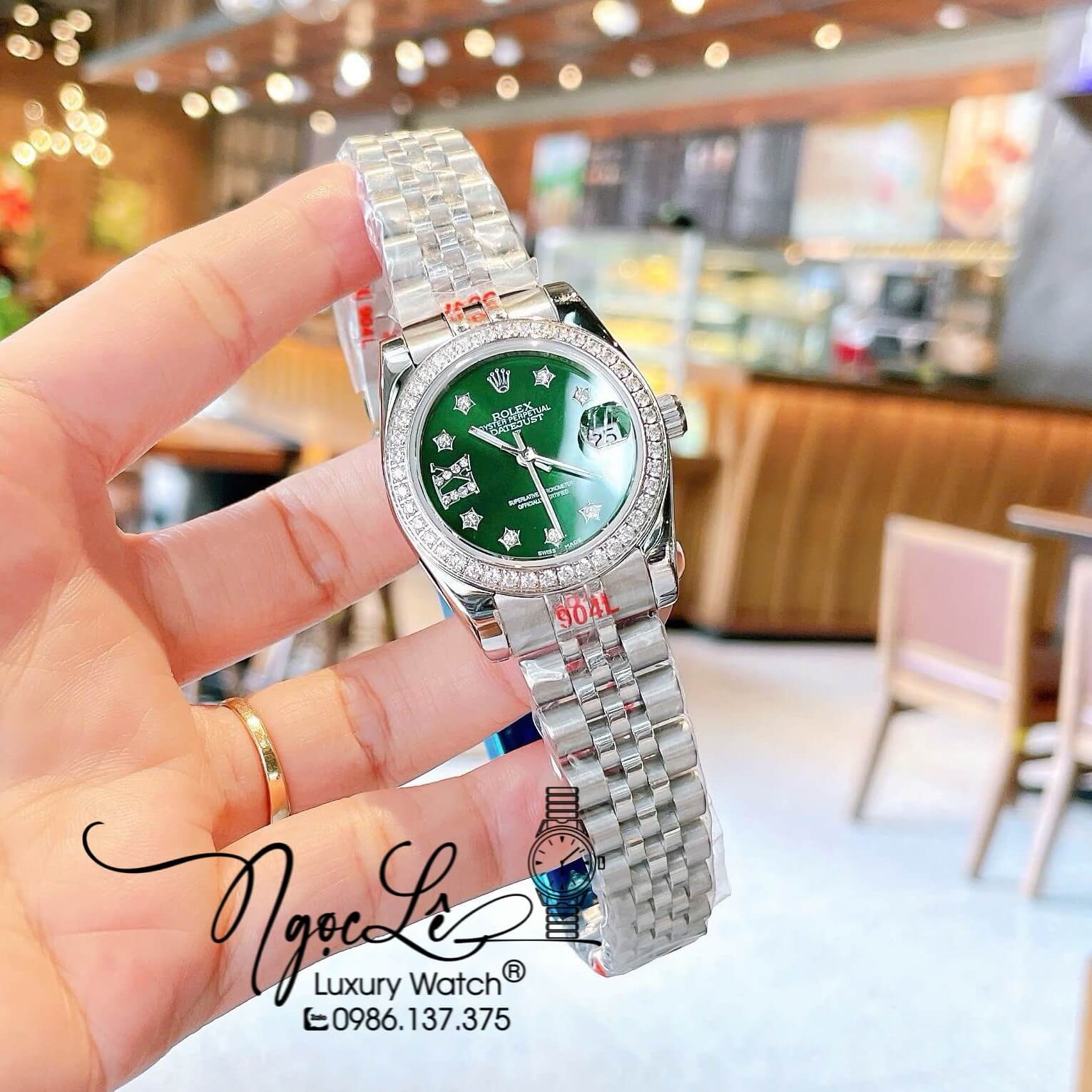Đồng Hồ Nữ Rolex Datejust Quartz Dây Bạc Mặt Xanh Rêu Size 31mm Đính Đá