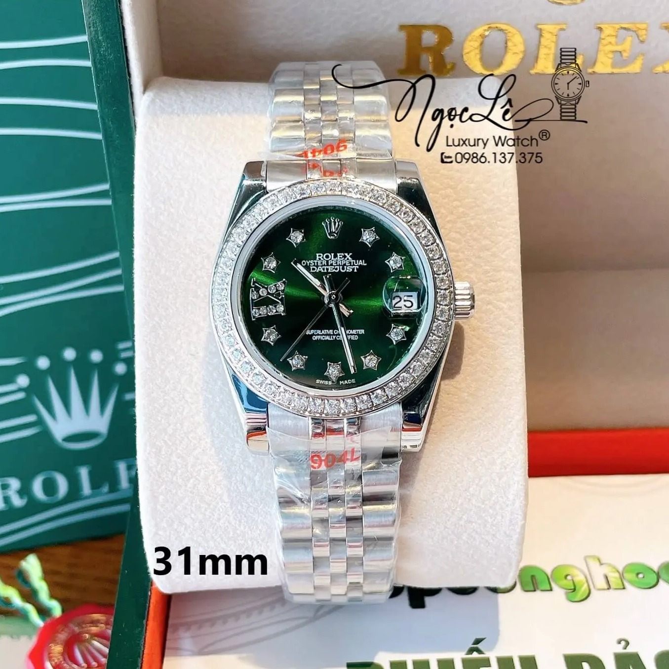 Đồng Hồ Nữ Rolex Datejust Quartz Dây Bạc Mặt Xanh Rêu Size 31mm Đính Đá