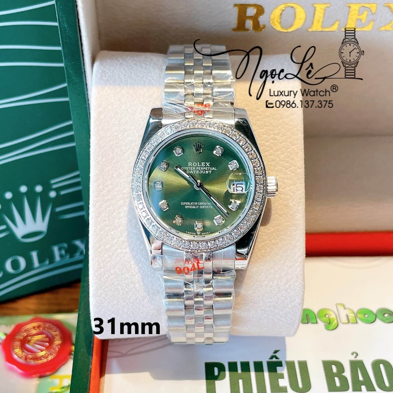 Đồng Hồ Nữ Rolex Datejust Quartz Dây Bạc Mặt Xanh Oliu Size 31mm Đính Đá