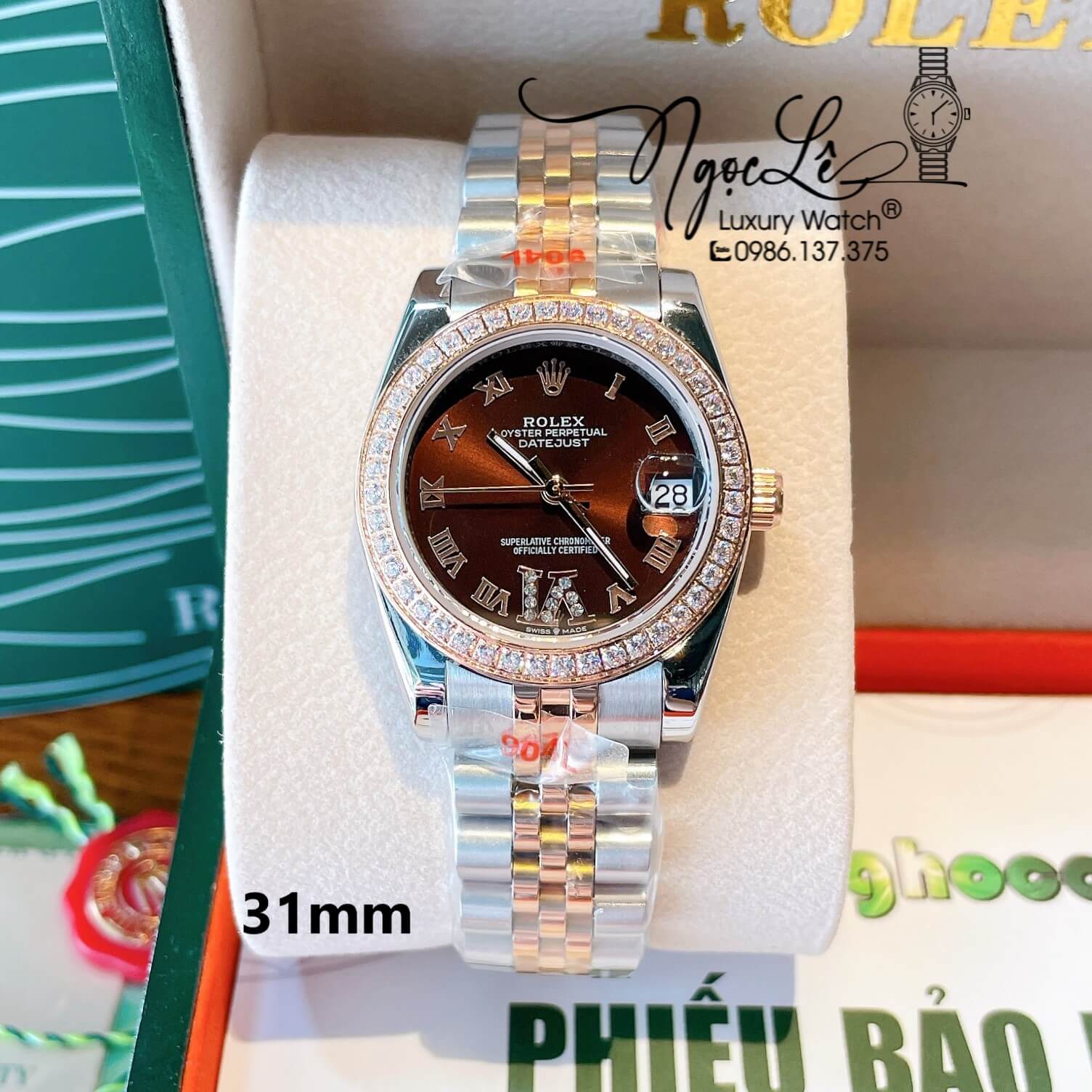 Đồng Hồ Nữ Rolex Datejust Quartz Dây Demi Rose Mặt Nâu Socola Size 31mm Đính Đá