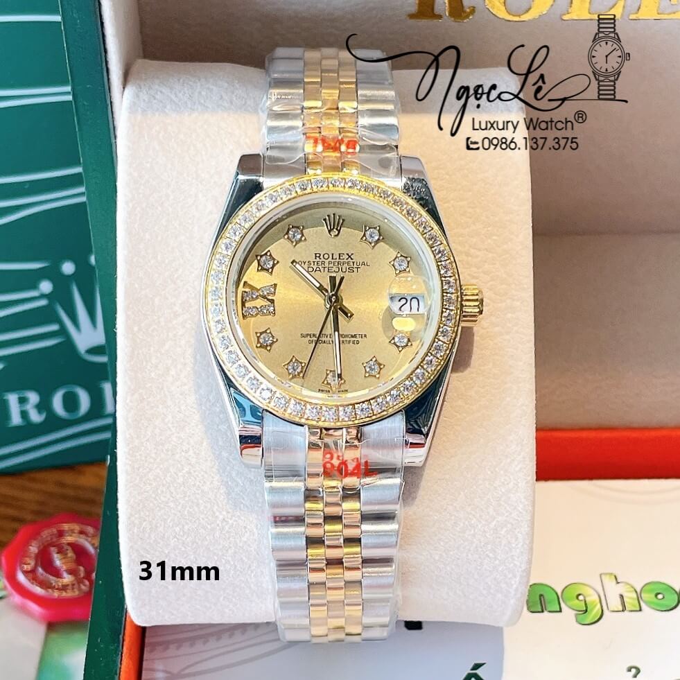 Đồng Hồ Nữ Rolex Datejust Quartz Dây Demi Vàng Mặt Vàng Size 31mm Đính Đá