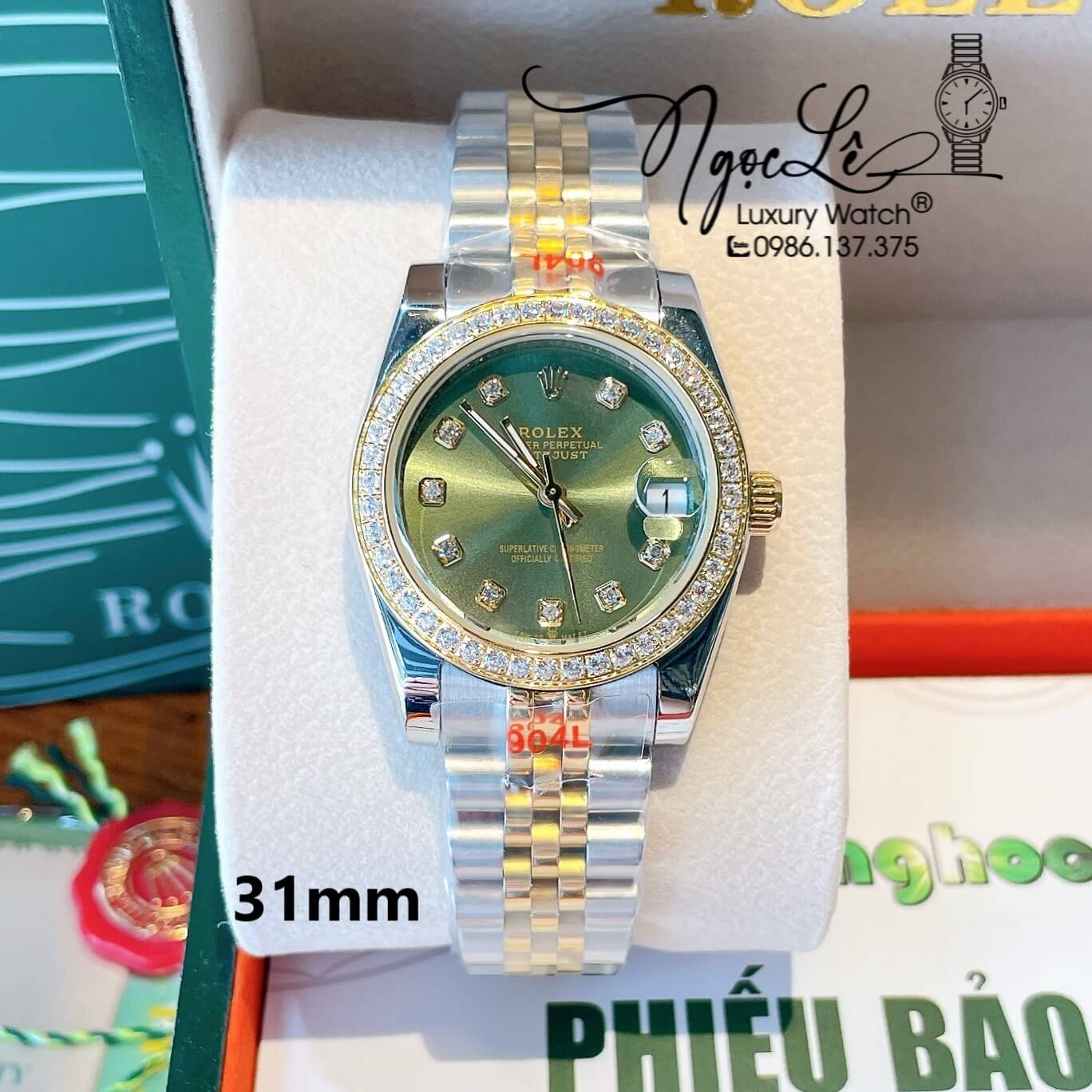 Đồng Hồ Nữ Rolex Datejust Quartz Dây Demi Vàng Mặt Xanh Oliu Size 31mm Đính Đá