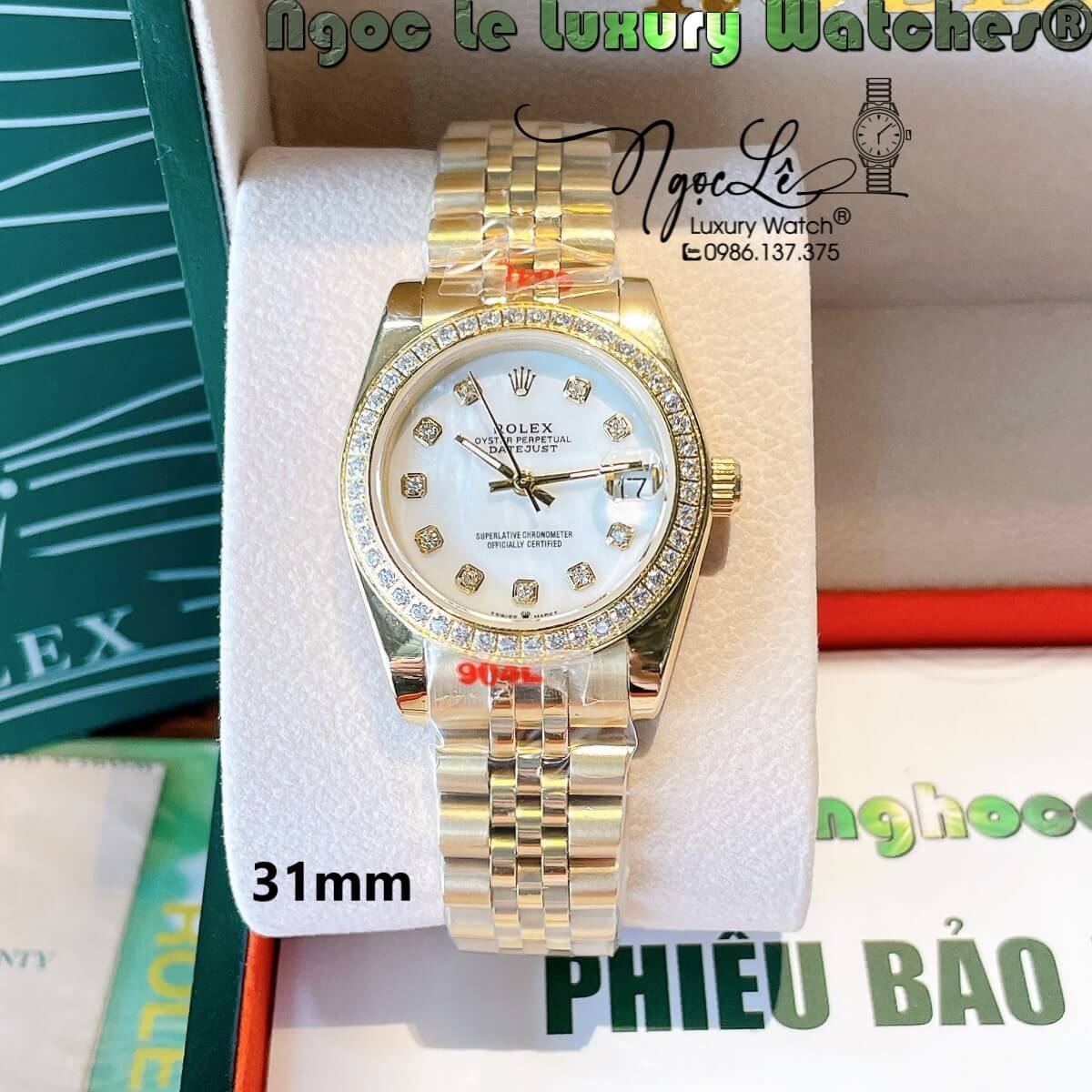 Đồng Hồ Nữ Rolex Datejust Quartz Dây Vàng Mặt Trắng Xà Cừ Size 31mm Đính Đá