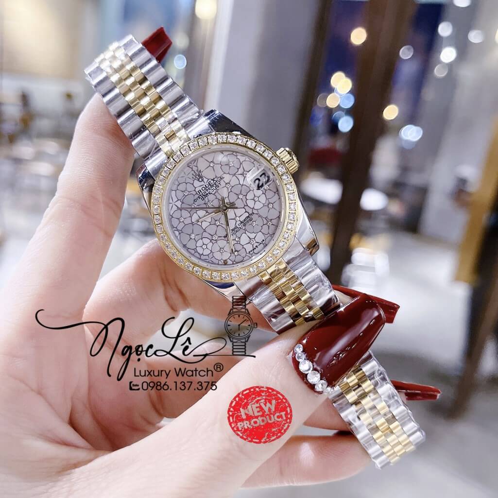 Đồng Hồ Rolex Datejust Pin Nữ Demi Gold Mặt Số Họa Tiết Hoa Đồng Tiền Size 31mm