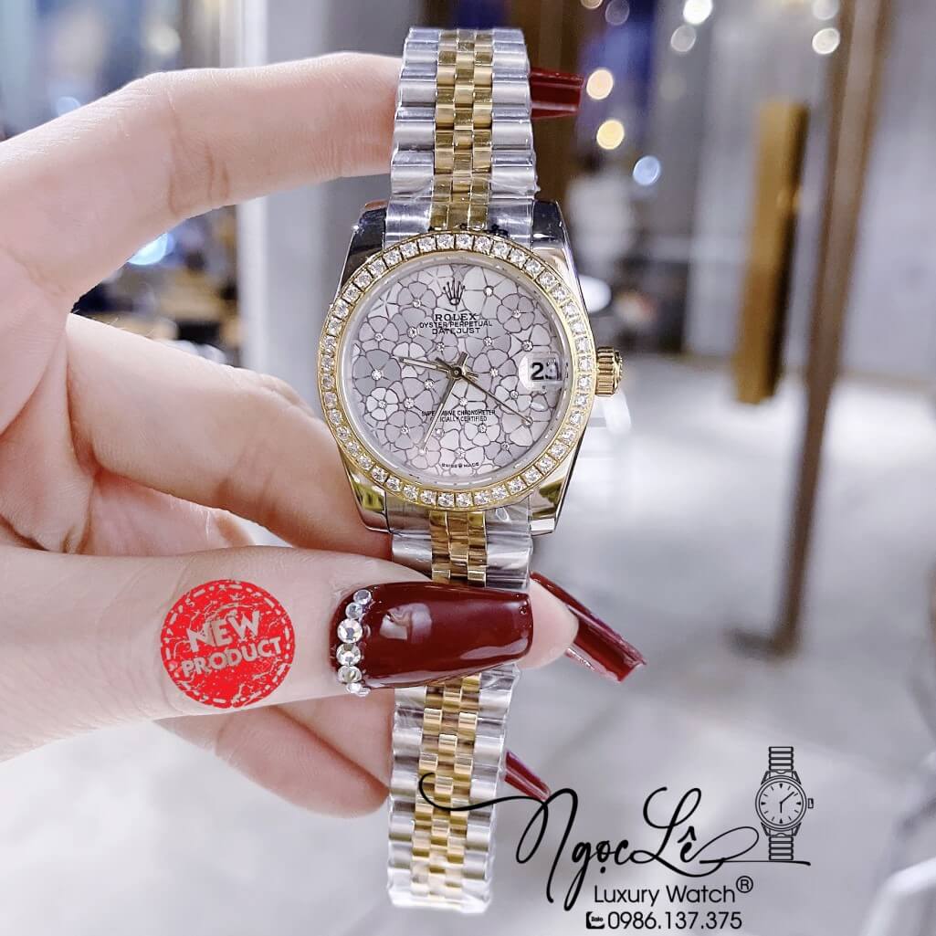 Đồng Hồ Rolex Datejust Pin Nữ Demi Gold Mặt Số Họa Tiết Hoa Đồng Tiền Size 31mm