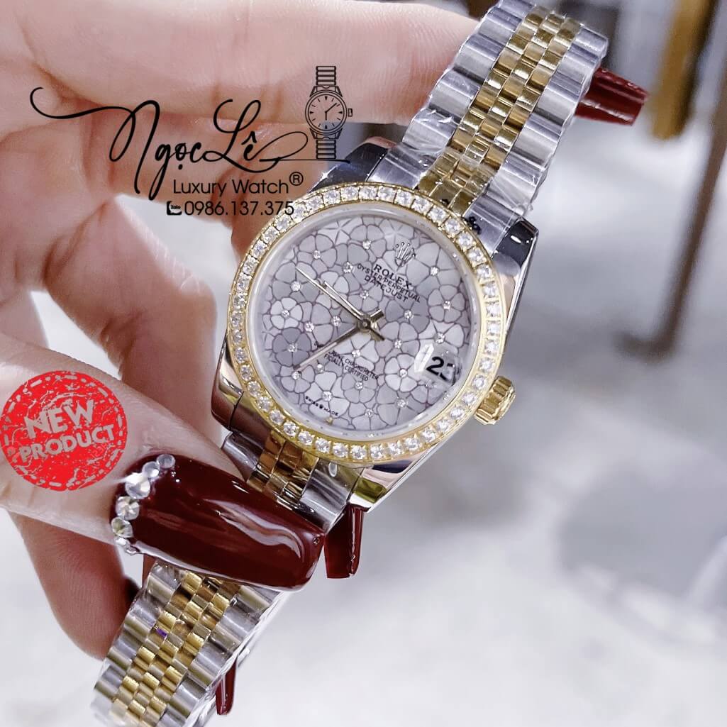 Đồng Hồ Rolex Datejust Pin Nữ Demi Gold Mặt Số Họa Tiết Hoa Đồng Tiền Size 31mm