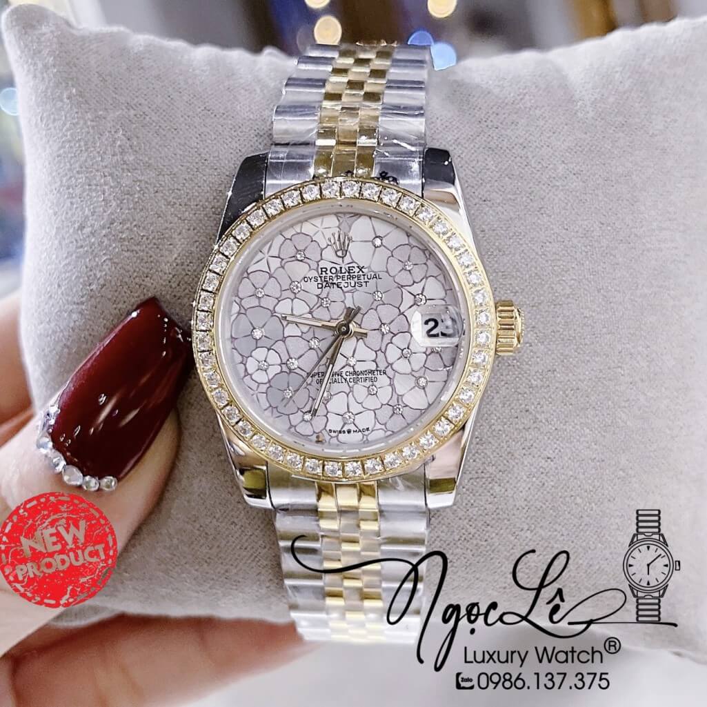 Đồng Hồ Rolex Datejust Pin Nữ Demi Gold Mặt Số Họa Tiết Hoa Đồng Tiền Size 31mm
