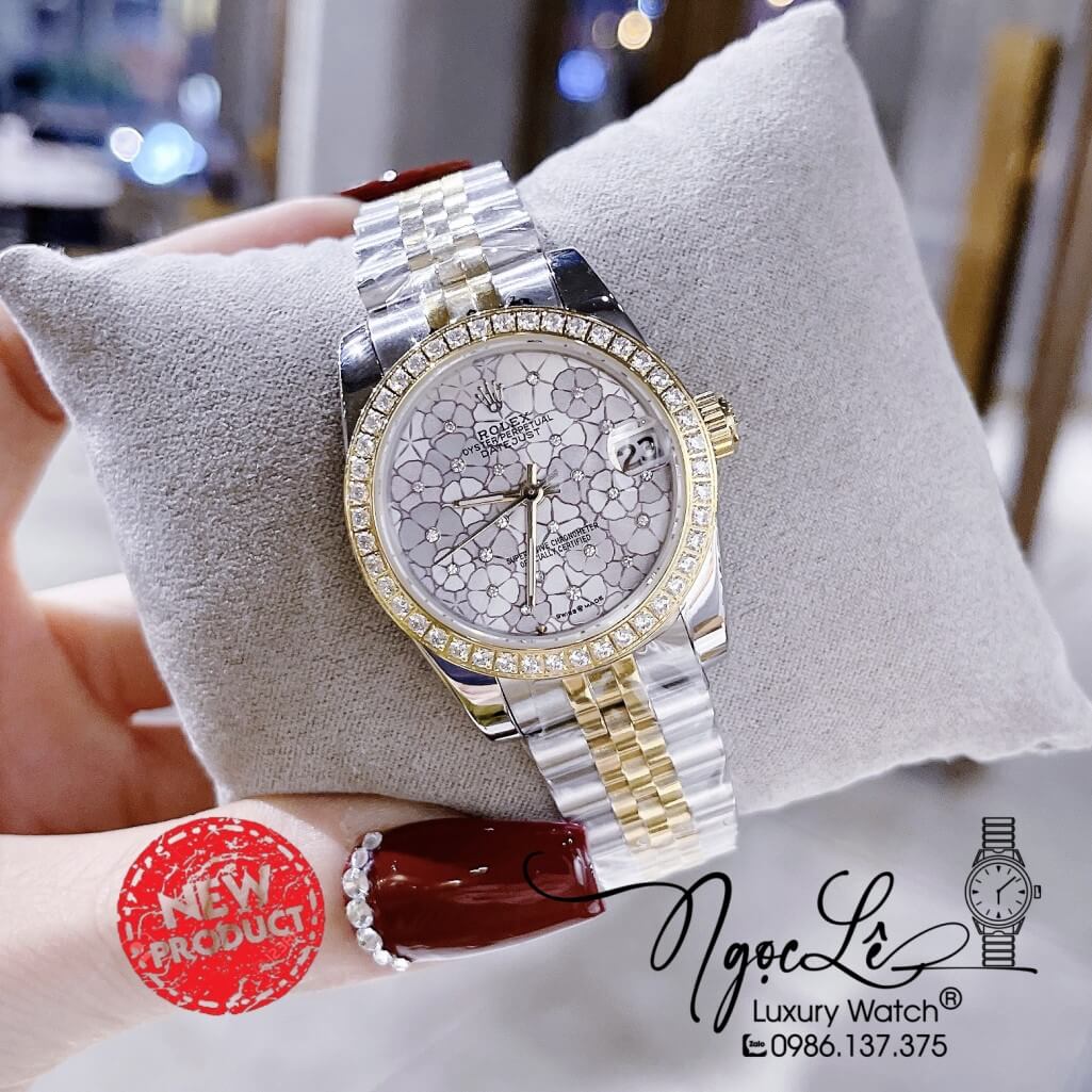 Đồng Hồ Rolex Datejust Pin Nữ Demi Gold Mặt Số Họa Tiết Hoa Đồng Tiền Size 31mm
