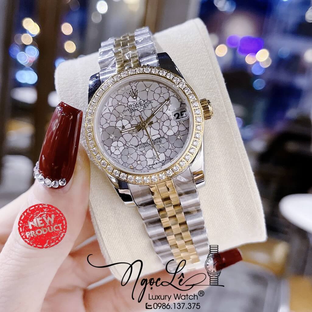 Đồng Hồ Rolex Datejust Pin Nữ Demi Gold Mặt Số Họa Tiết Hoa Đồng Tiền Size 31mm