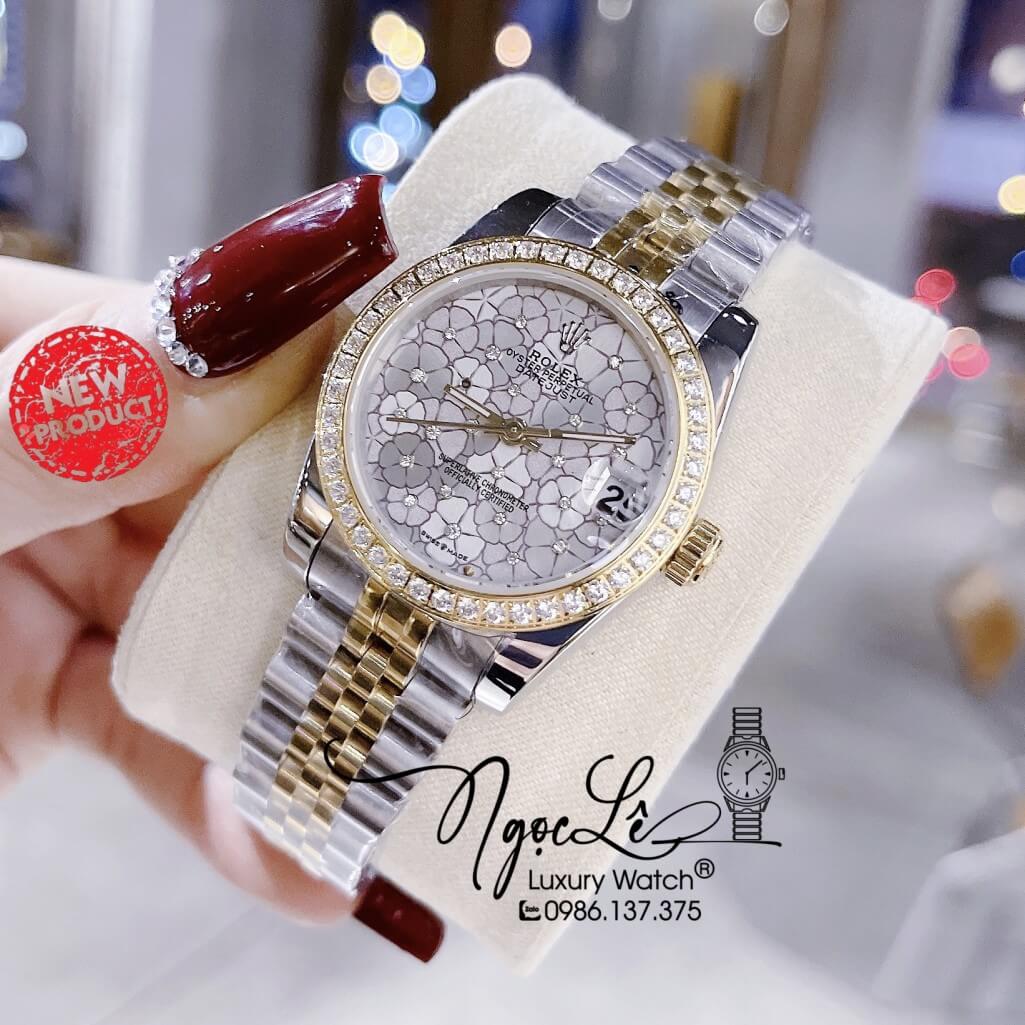 Đồng Hồ Rolex Datejust Pin Nữ Demi Gold Mặt Số Họa Tiết Hoa Đồng Tiền Size 31mm