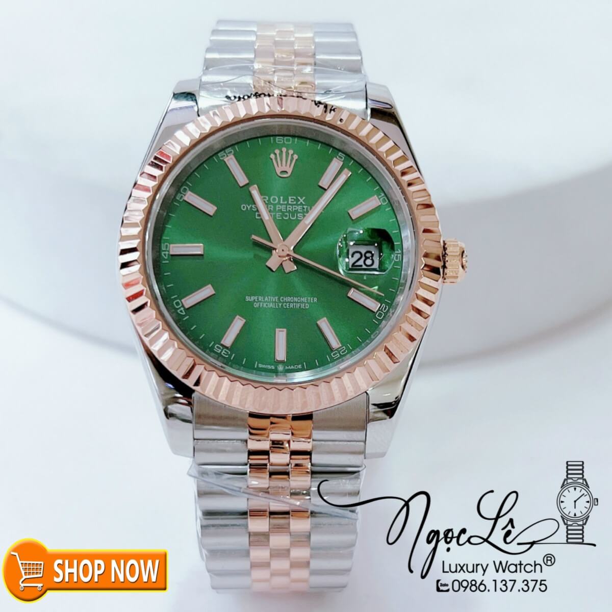 Đồng Hồ Rolex Datejust Automatic Nam Dây Demi Rose Mặt Xanh Lá Size 41mm Phản Quang