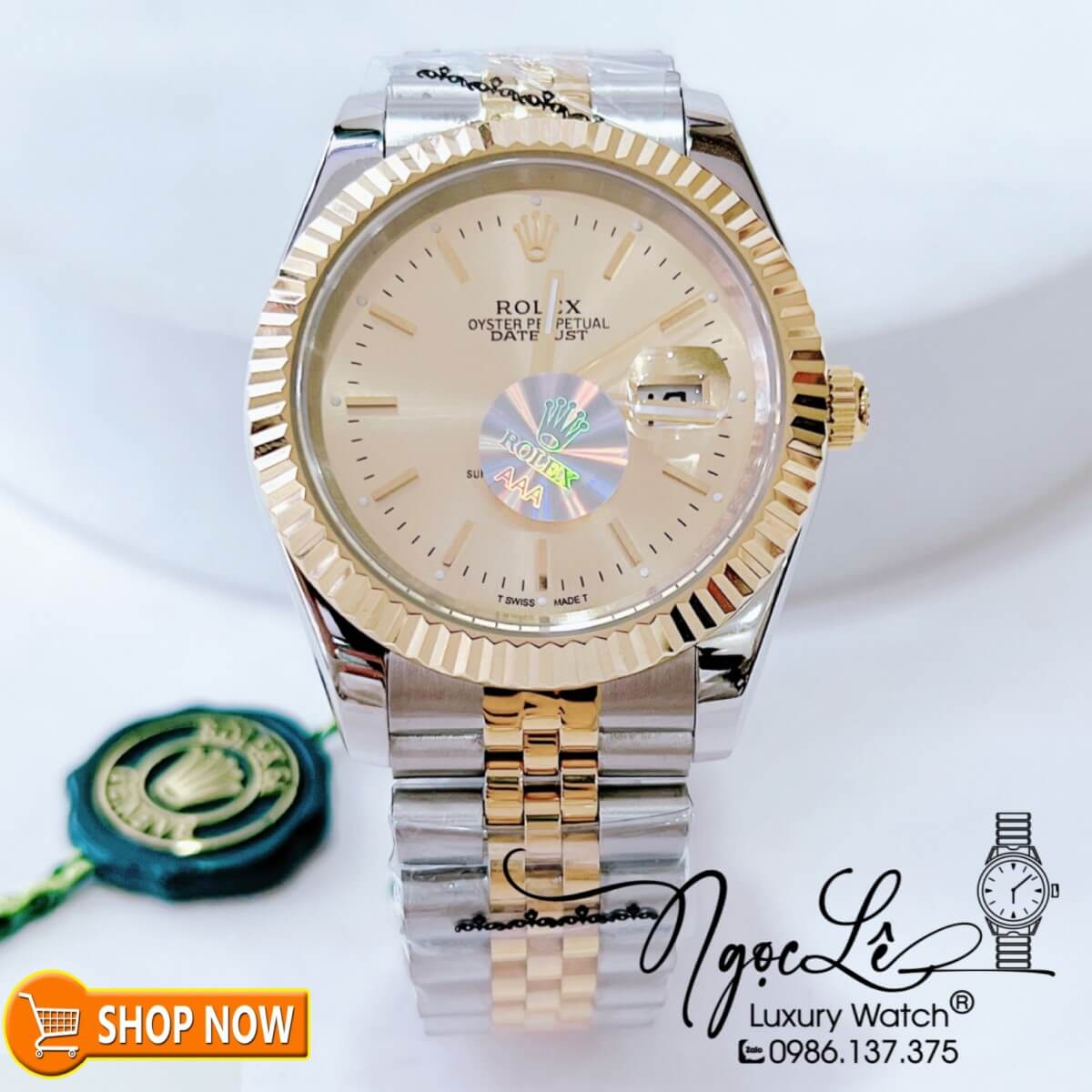 Đồng Hồ Rolex Datejust Nam Máy Cơ Tự Động Dây Demi Vàng Mặt Vàng Size 41mm