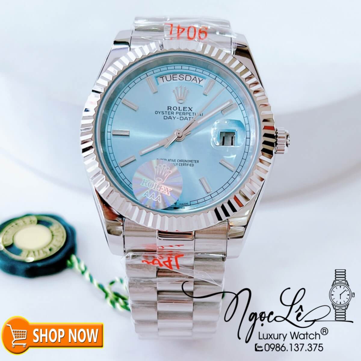 Đồng Hồ Rolex Day-Date Automatic Nam Dây Bạc Mặt Xanh Ngọc Size 41mm Phản Quang