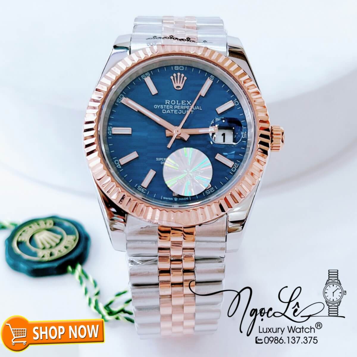 Đồng Hồ Rolex Datejust Nam Máy Cơ Tự Động Dây Demi Rose Mặt Xanh Dương Gợn Sóng Size 41mm