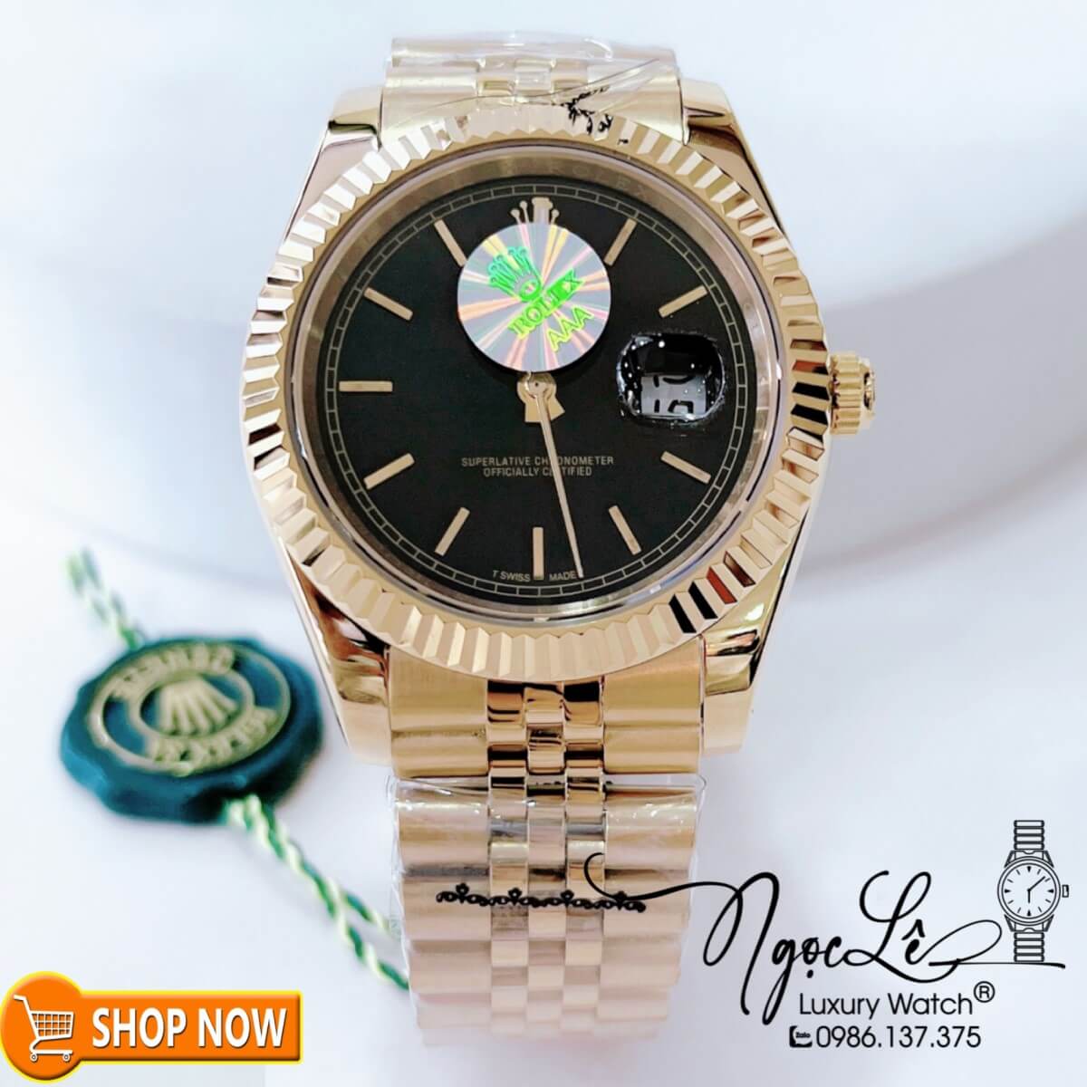 Đồng Hồ Rolex Datejust Nam Máy Cơ Tự Động Dây Vàng Mặt Đen Size 41mm