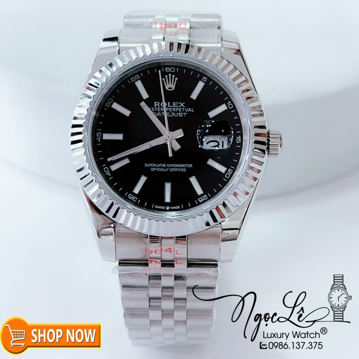 Đồng Hồ Rolex Datejust Automatic Nam Dây Bạc Mặt Đen Size 41mm Phản Quang