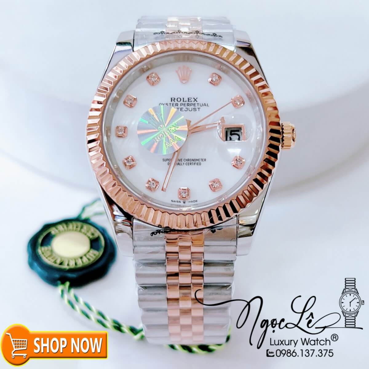 Đồng Hồ Rolex Datejust Nam Máy Cơ Tự Động Dây Demi Rose Mặt Xà Cừ Trắng Size 41mm