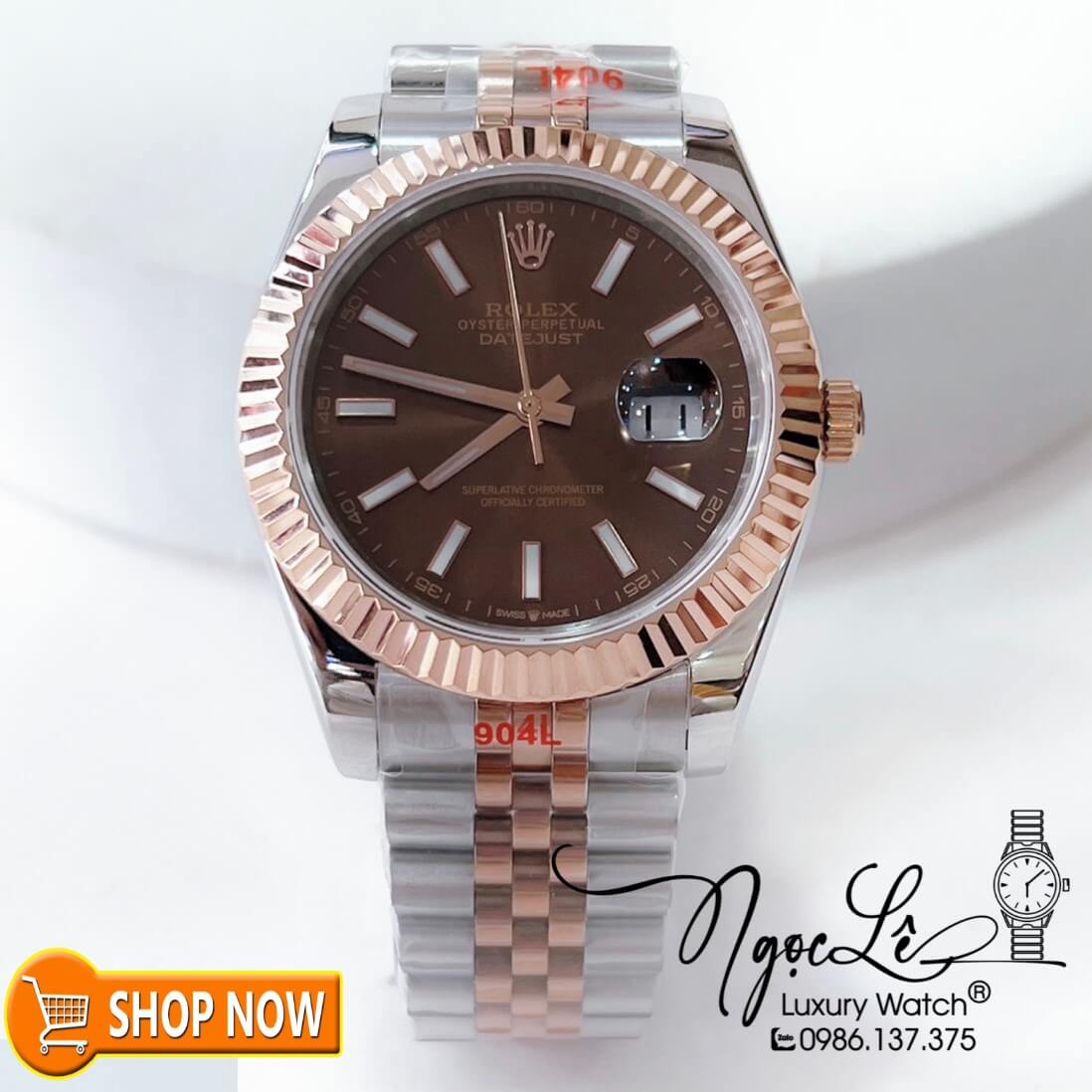 Đồng Hồ Rolex Datejust Automatic Nam Dây Demi Rose Mặt Nâu Size 41mm Phản Quang