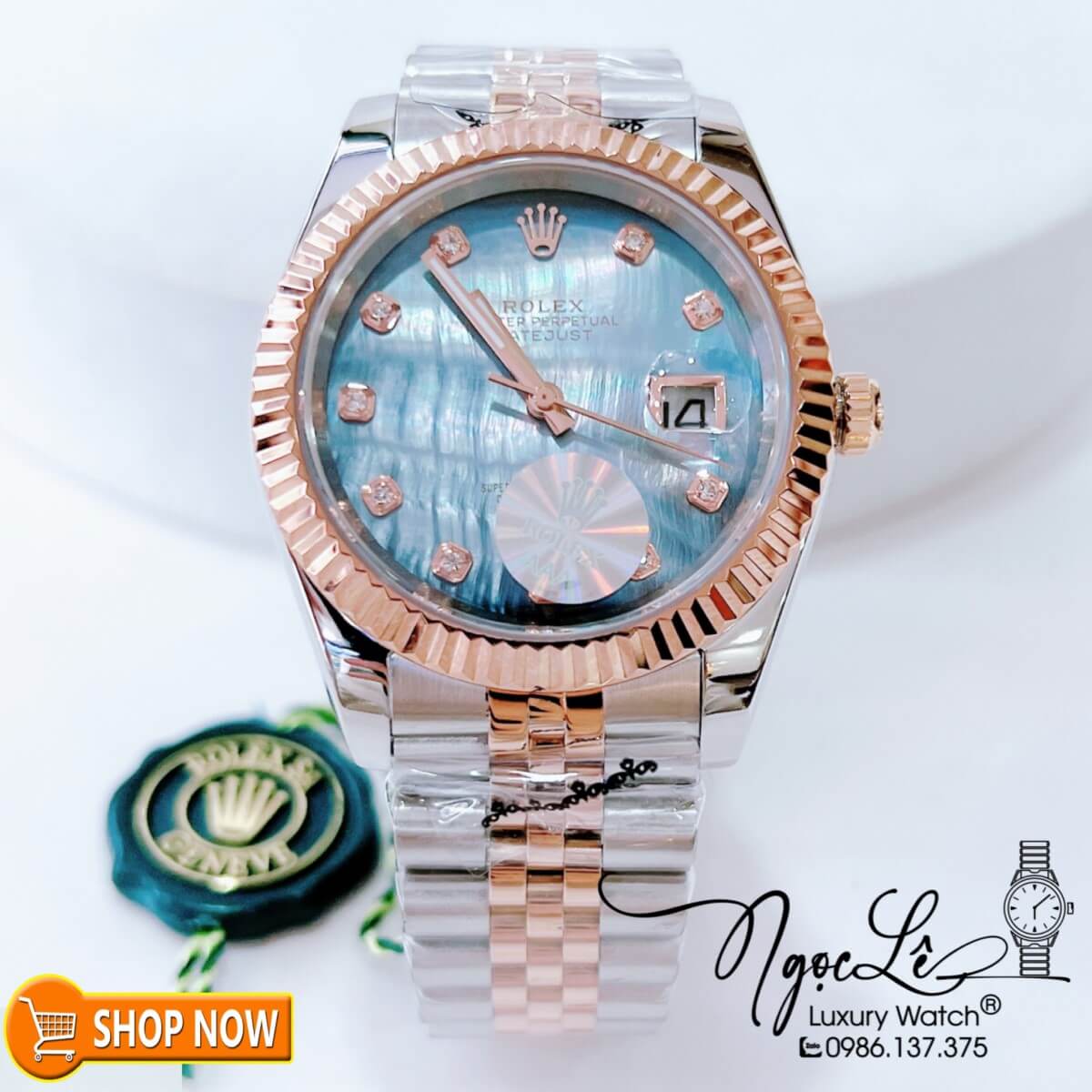 Đồng Hồ Rolex Datejust Nam Máy Cơ Tự Động Dây Demi Rose Mặt Xà Cừ Xanh Size 41mm