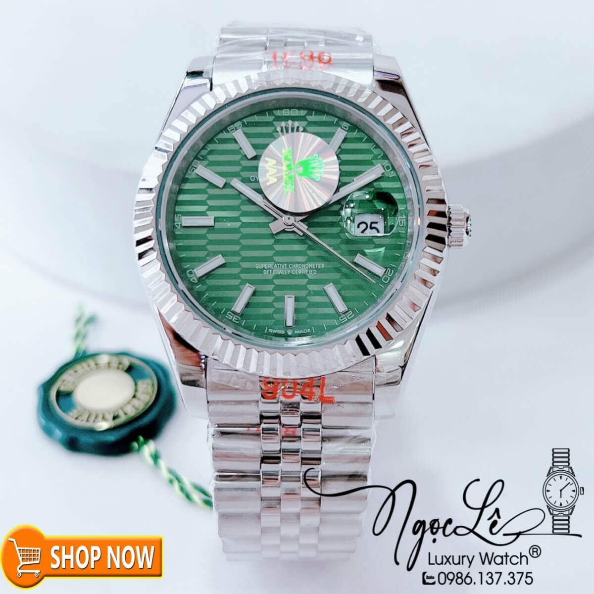 Đồng Hồ Rolex Datejust Nam Máy Cơ Tự Động Dây Bạc Mặt Xanh Lá Gợn Sóng Size 41mm