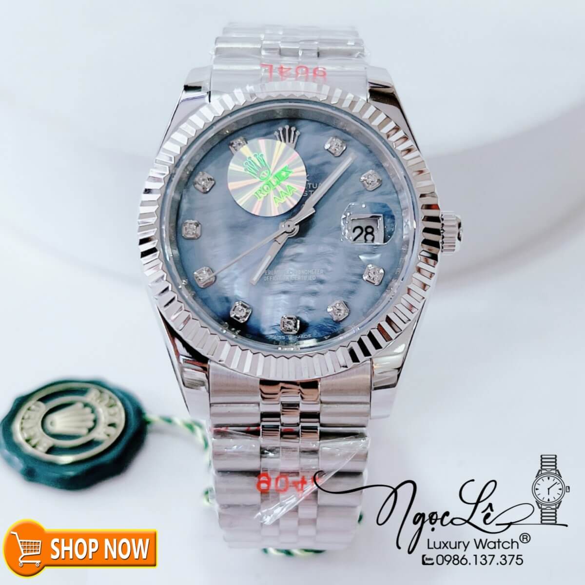 Đồng Hồ Rolex Datejust Nam Máy Cơ Tự Động Dây Bạc Mặt Xà Cừ Xanh Size 41mm