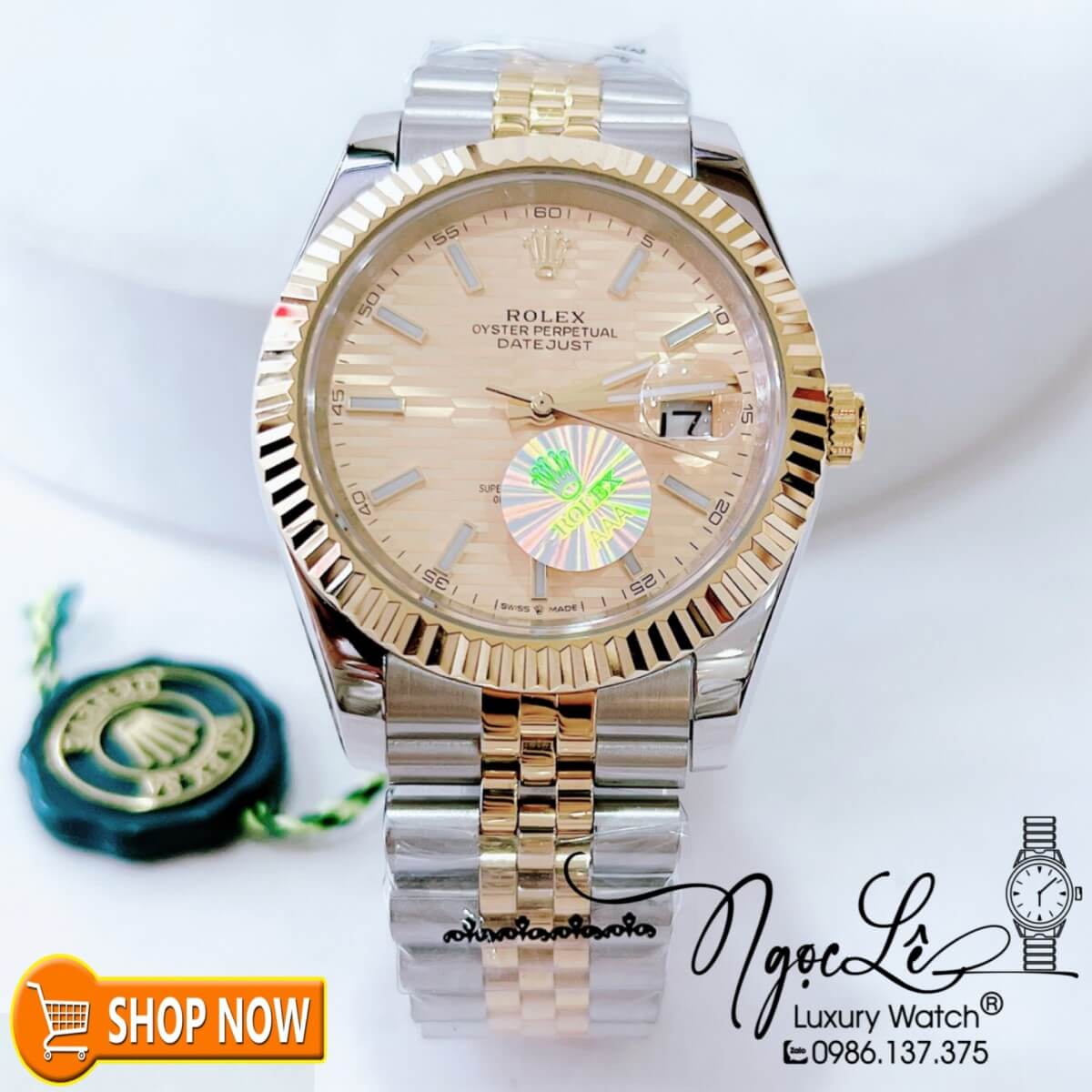 Đồng Hồ Rolex Datejust Nam Máy Cơ Tự Động Dây Demi Vàng Mặt Vàng Gợn Sóng Size 41mm