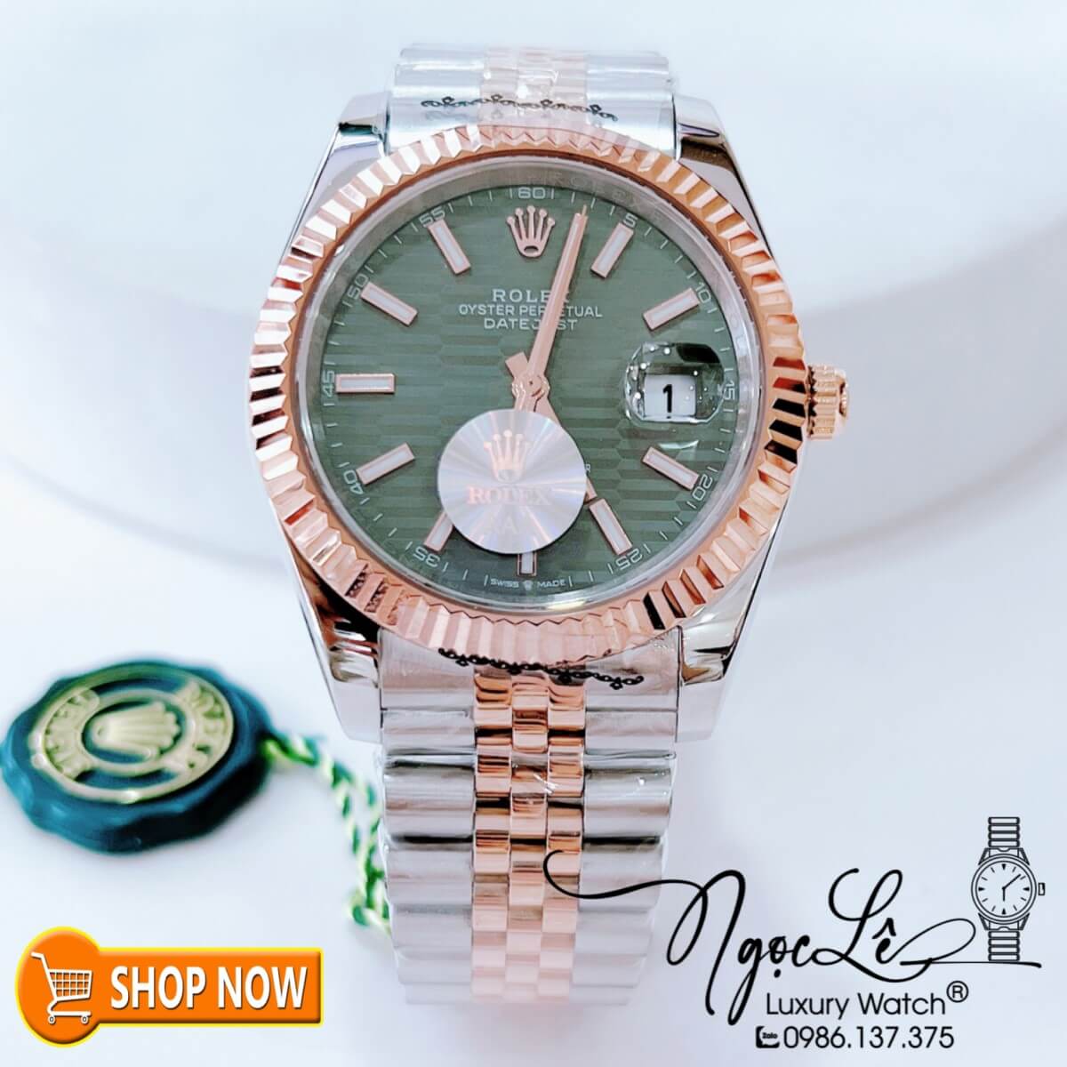 Đồng Hồ Rolex Datejust Nam Máy Cơ Tự Động Dây Demi Rose Mặt Xám Gợn Sóng Size 41mm