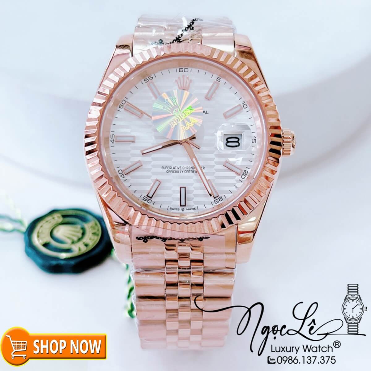 Đồng Hồ Rolex Datejust Nam Máy Cơ Tự Động Dây Vàng Hồng Mặt Trắng Gợn Sóng Size 41mm