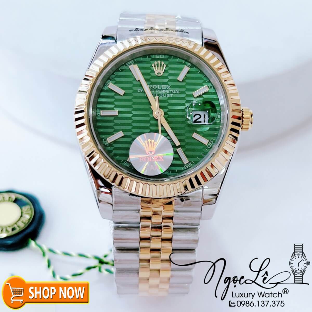 Đồng Hồ Rolex Datejust Nam Máy Cơ Tự Động Dây Demi Vàng Mặt Xanh Lá Gợn Sóng Size 41mm