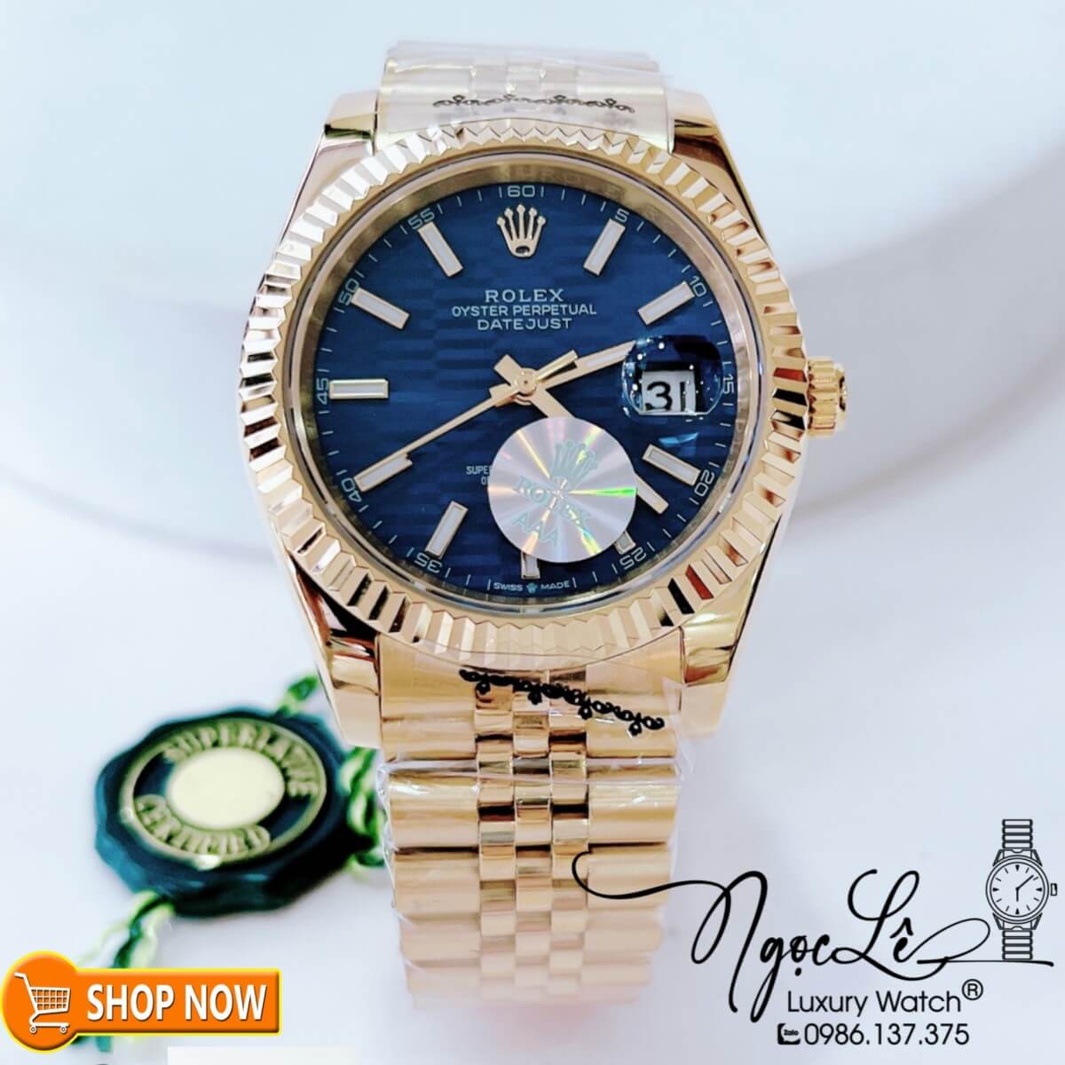 Đồng Hồ Rolex Datejust Nam Máy Cơ Tự Động Dây Vàng Mặt Xanh Dương Gợn Sóng Size 41mm