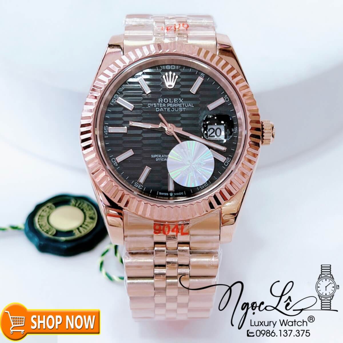 Đồng Hồ Rolex Datejust Nam Máy Cơ Tự Động Dây Vàng Hồng Mặt Đen Gợn Sóng Size 41mm