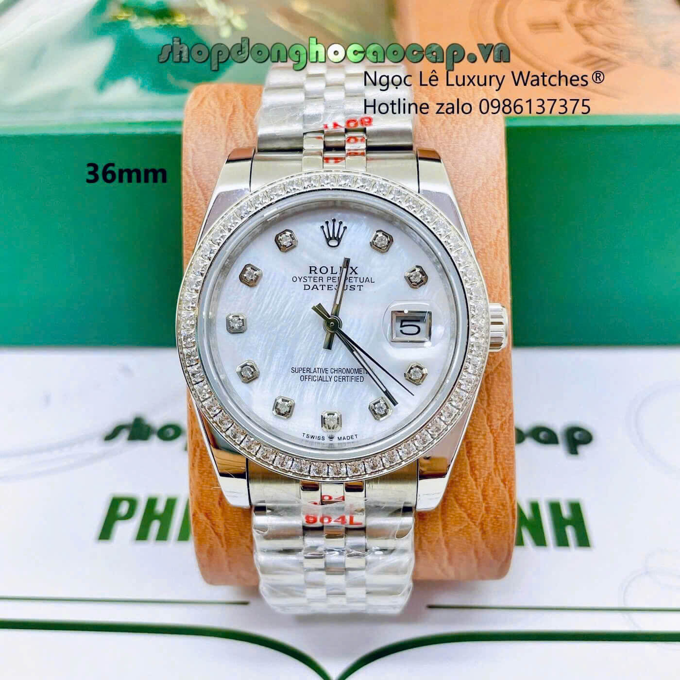 Đồng Hồ Rolex Datejust Unisex Dây Thép Silver Mặt Xà Cừ Trắng Đính Đá Size 36mm - Quartz