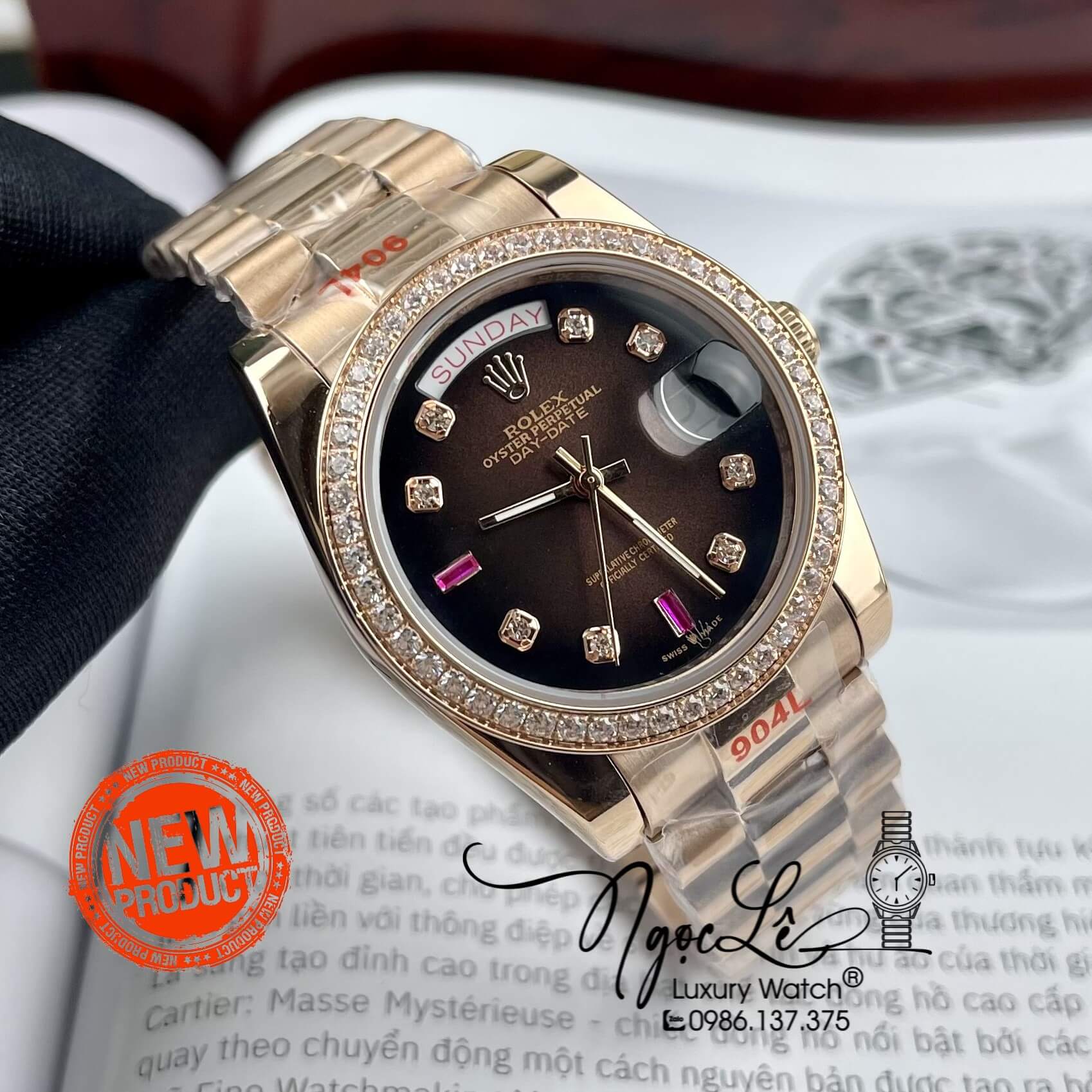 Đồng Hồ Rolex Day-Date Automatic Dây Kim Loại Vàng Hồng Mặt Nâu Đính Đá 36mm