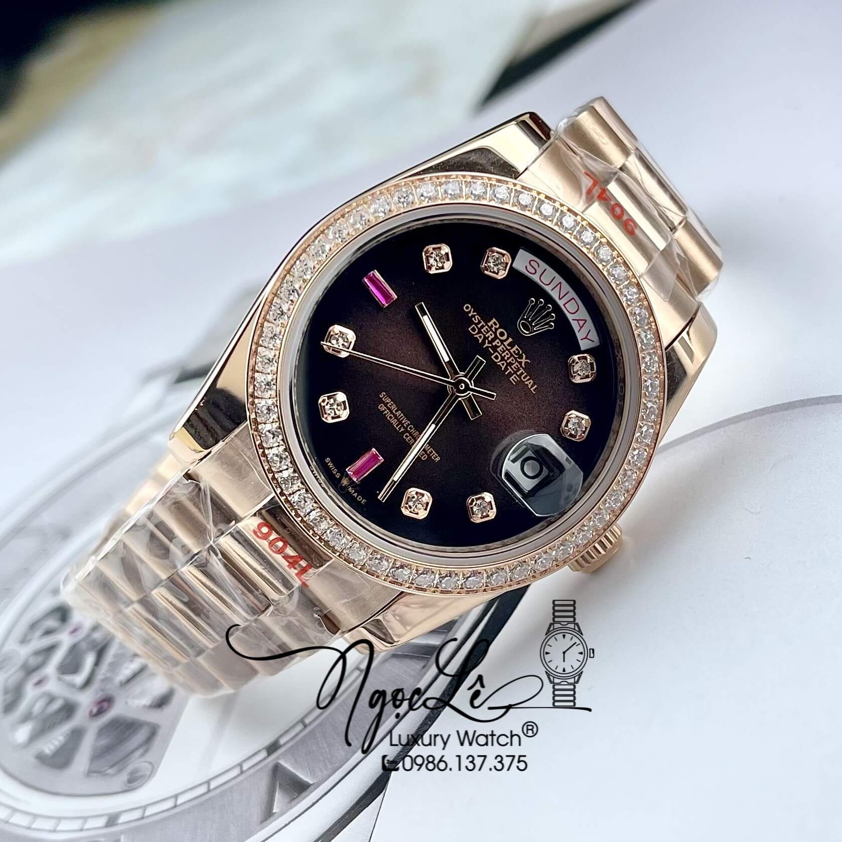 Đồng Hồ Rolex Day-Date Automatic Dây Kim Loại Vàng Hồng Mặt Nâu Đính Đá 36mm