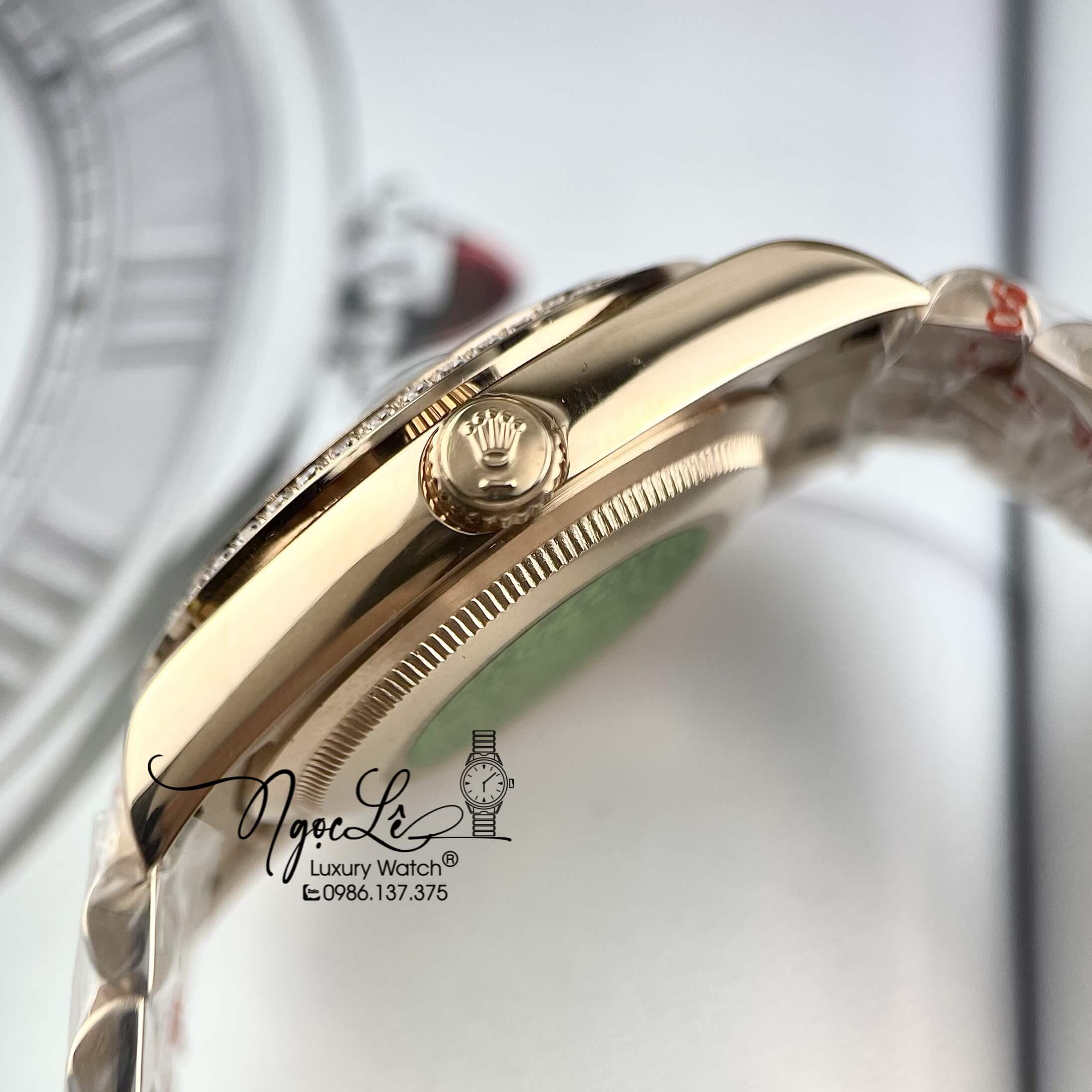 Đồng Hồ Rolex Day-Date Automatic Dây Kim Loại Vàng Hồng Mặt Nâu Đính Đá 36mm
