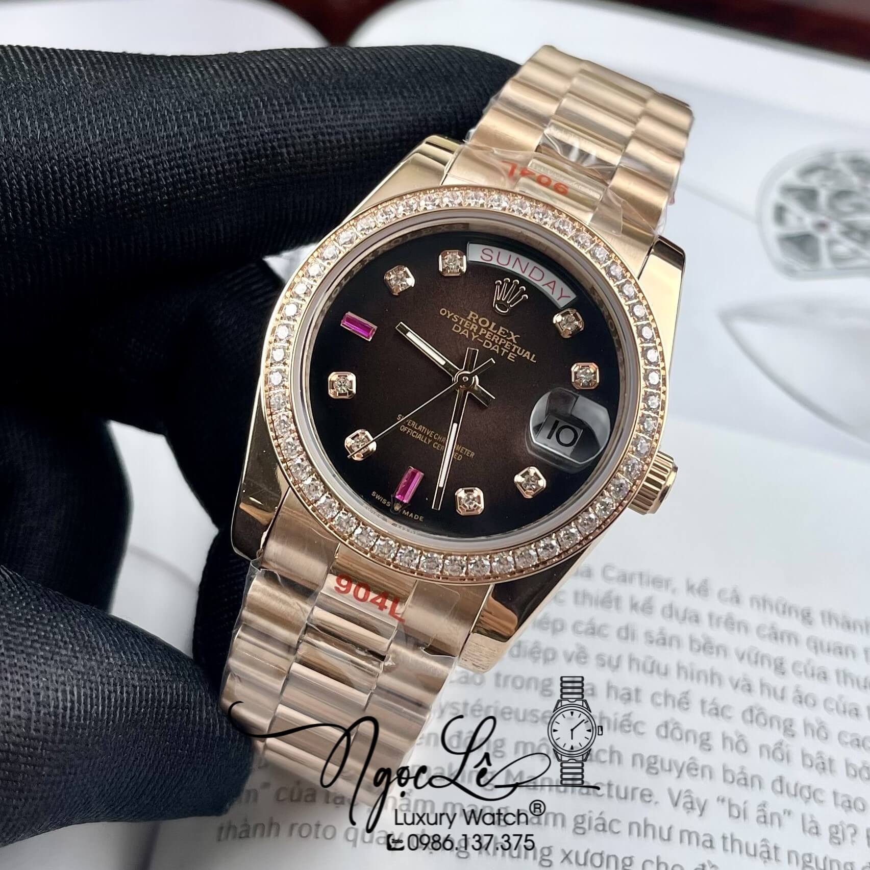 Đồng Hồ Rolex Day-Date Automatic Dây Kim Loại Vàng Hồng Mặt Nâu Đính Đá 36mm
